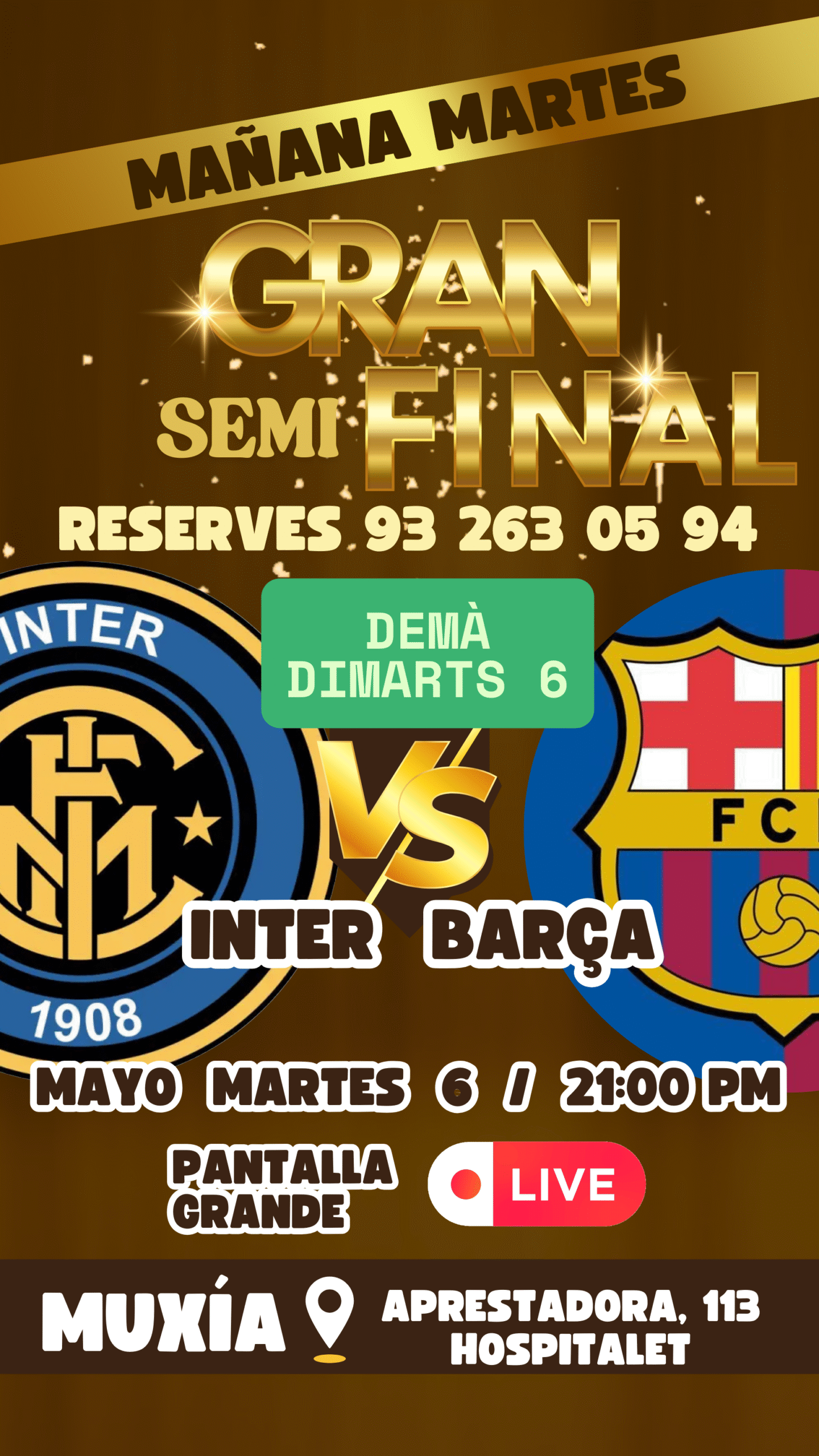 ⚽🔥📣 Demà dimarts dia 6 de maig és nit de futbol a MUXÍA HOSPITALET! 📣   Viu la semifinal de la Copa d’Europa en pantalla gran!  A partir de les 21:00 h, podràs gaudir d’un partidàs entre l’Inter de Milà i el FC Barcelona en el millor ambient.   🍽️ Reserva la teva taula i acompanya el futbol amb les nostres tapes variades, peixos i mariscs frescos!  Segur que l’experiència serà inoblidable!   📍 MUXÍA HOSPITALET – No et quedis sense lloc! Reserves +34 93 263 05 94 #MUXÍAHospitalet #SemifinalCopaEuropa #InterVsBarcelona #FutbolEnPantallaGran #ReservaLaTevaTaula #TapesQueSorprenen #PeixFresc #MariscDeQualitat #GastronomiaGalleca #GaudeixCadaInstant #CuinaQueEnamora #HospitaletTaste #PlanPerfecte #DimartsDeFutbol #CopadEuropa #FCBarcelona #Milan #Italia
